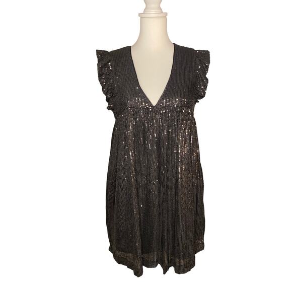 Mustard Seed Sequin Babydoll Mini Dress Size Small  Party Dress  Anthropolgie - Picture 1 of 9